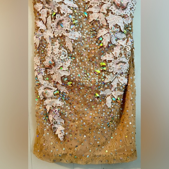 JOVANI Vintage Tan Floral Embellished Sequin Jeweled Midi Dress, Size 2 - Picture 4 of 16